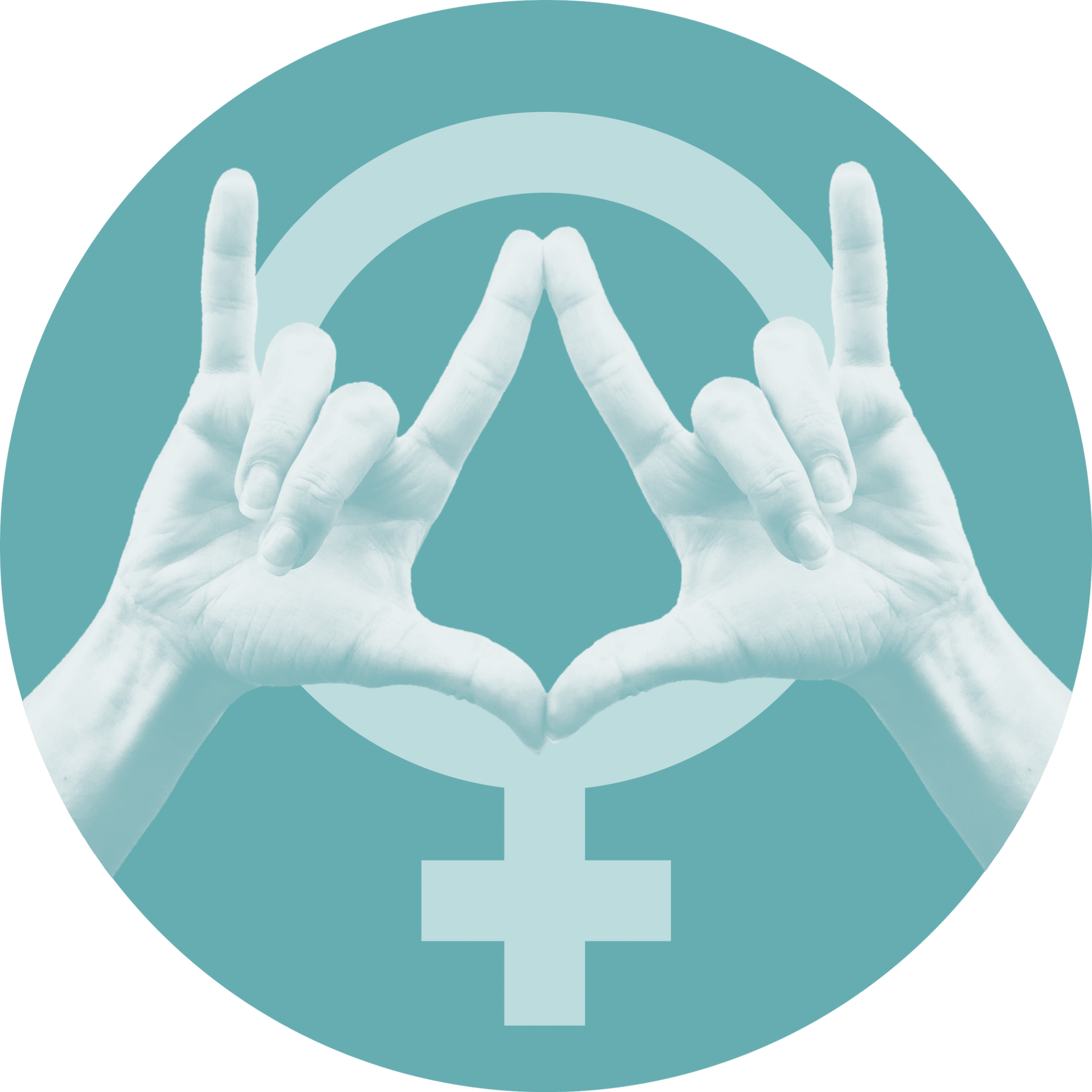 Venussymbol auf türkisem Hintergrund, davor zwei Hände, welche die Gebärde "I Love Vagina" bilden