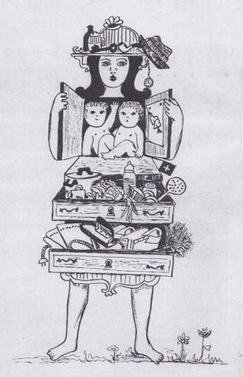 Ausschnitt aus dem INFRA Plakat, eine Frau gezeichnet als Kommode mit zwi babys im oberen Schrank auf Brusthöhe, zwei Schubladen als Bauch und Unterleib, gefüllt mit Küchenutensilien respektive Wäscheutensilien, ihr Kopf ist eine Ablage für Tabakpfeife "männlichem" Hut, Bierhumpen und -Flasche