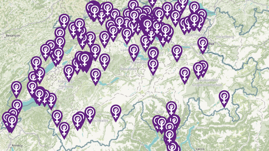 Landkarte Aktionen vom Feministischen Streik in der Schweiz vom 14. Juni